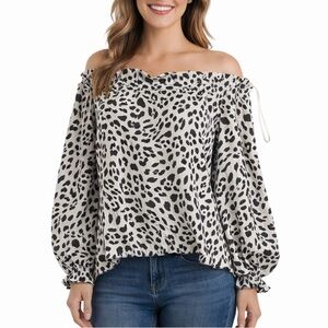 Paradis Womens XL Leopard Print Off Shoulder Gypsy Blouse Puff Sleeve NWT